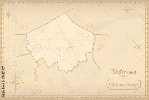 Map of Vitry-sur-Seine in the old style, brown graphics in retro fantasy style. city in France.