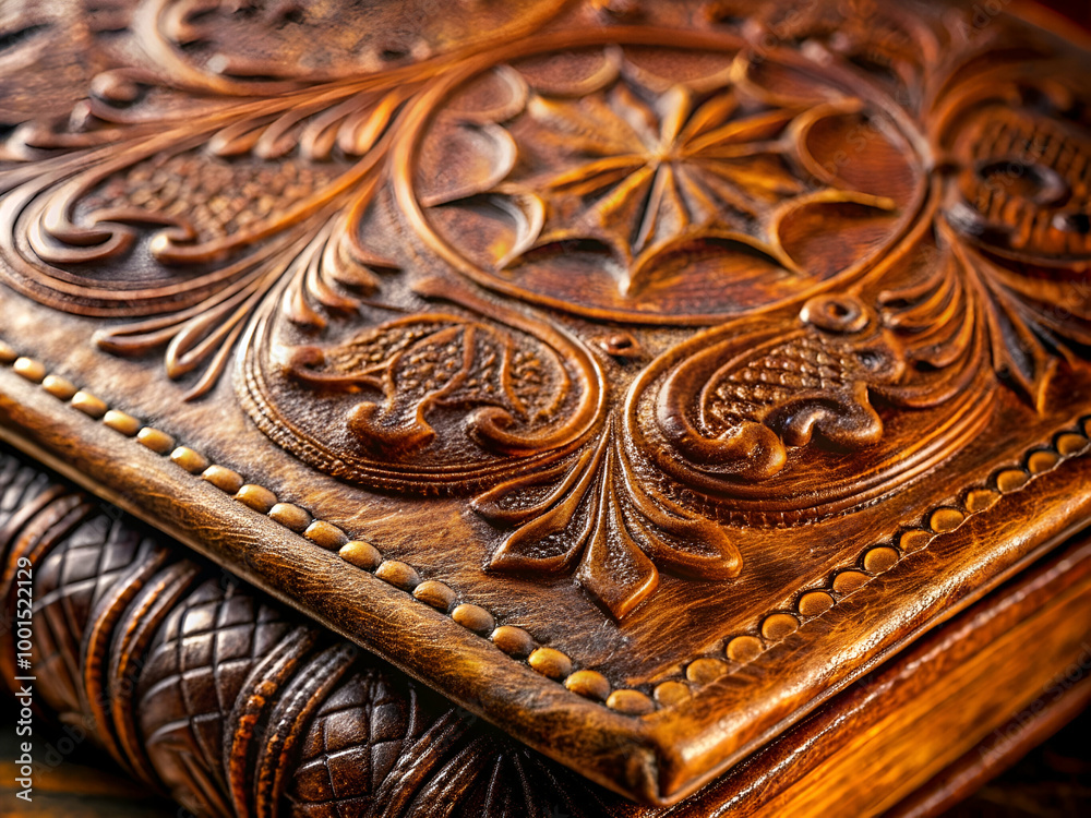 A leather bound book with a gold embossed design on the cover. The design is intricate and detailed, with a large flower in the center. The book appears to be a leather bound journal or diary A leather bound book with a gold embossed design on the cover. The design is intricate and detailed, with a large flower in the center. The book appears to be a leather bound journal or diary
