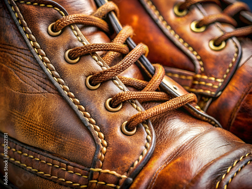 The brown shoes have a leathery texture and a brown laces. The shoes are worn and have a vintage look