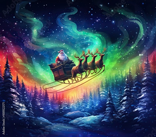 Santa sleigh flying over colorful lights background