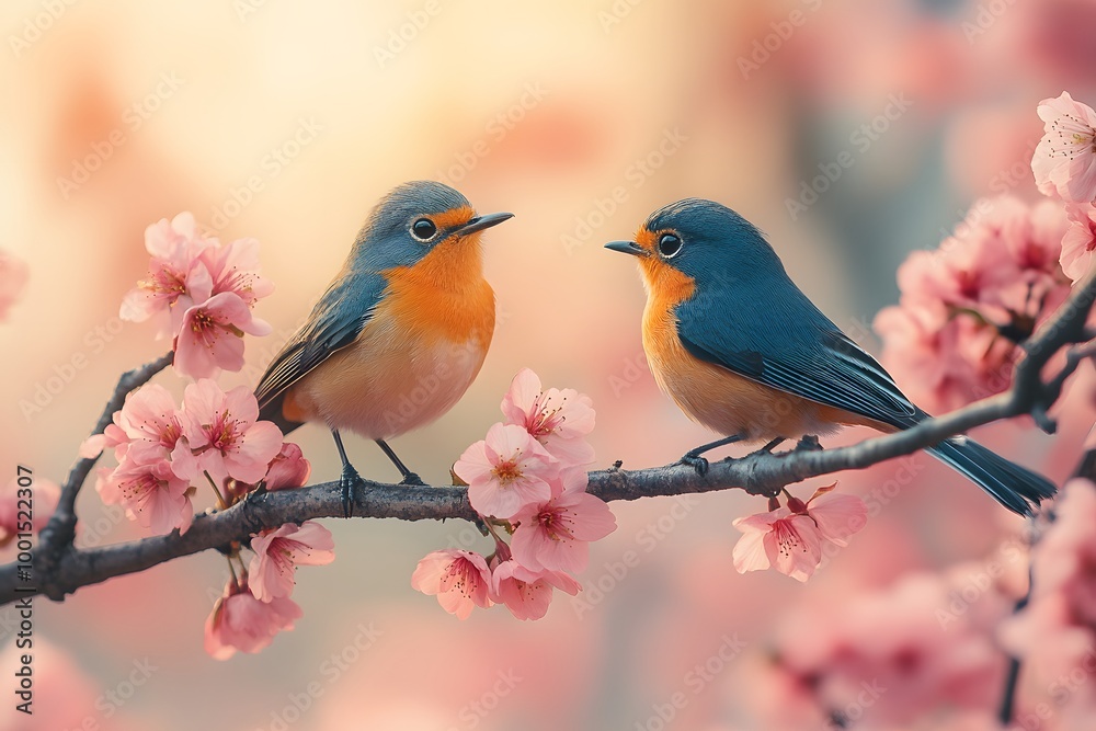 Pair Of Colorful Birds Chirping Happily On A Blossoming Cherry Tree Branch Pair Of Colorful Birds Chirping Happily On A Blossoming Cherry Tree Branch