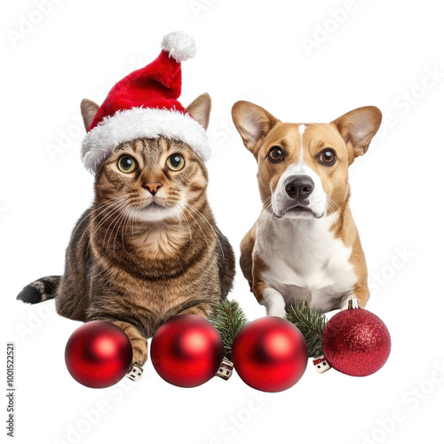 Festive Cat and Dog with Christmas Ornaments transparent background