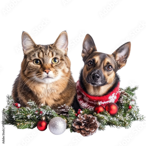 cat and dog in festive attire sit among Christmas decorations  transparent background