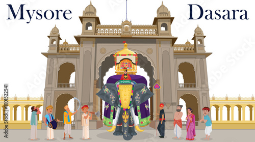 Mysore dasara, Balarama is lead elephant of Dasara procession and carried the idol of goddess Chamundeshwari, Balarama Name in Kannada Language, Musician Performing and People watching Procession
