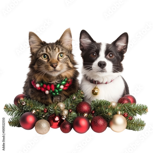 Festive Pets with Ornaments and Garland transparent background
