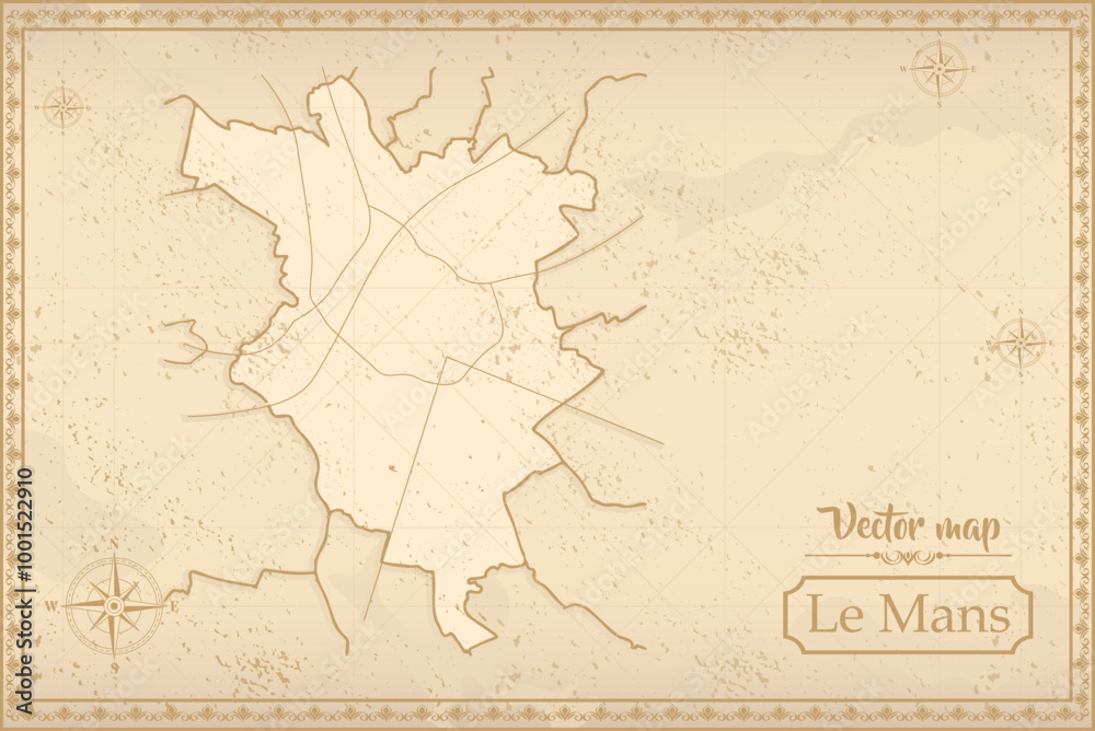 Obraz premium Map of Le Mans in the old style, brown graphics in retro fantasy style. city in France.