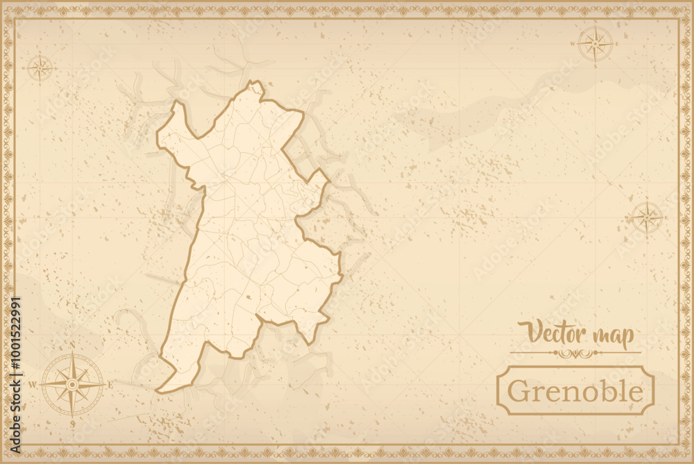 Obraz premium Map of Grenoble in the old style, brown graphics in retro fantasy style. city in France.