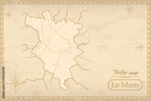 Map of Le Mans in the old style, brown graphics in retro fantasy style. city in France.