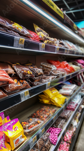 Colorful chocolate and candy packages displayed in a supermarket aisle with a variety of sweets.