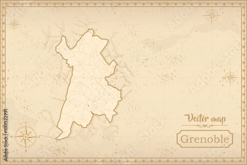 Map of Grenoble in the old style, brown graphics in retro fantasy style. city in France.