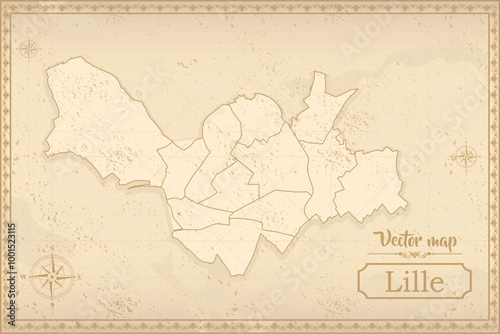 Map of Lille in the old style, brown graphics in retro fantasy style. city in France.