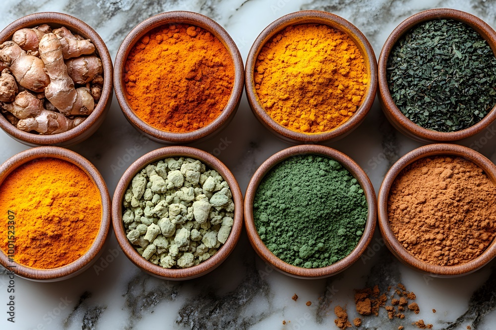 Flat Lay Of Superfoods Like Turmeric, Ginger, Matcha, And Raw Cacao Powder Flat Lay Of Superfoods Like Turmeric, Ginger, Matcha, And Raw Cacao Powder