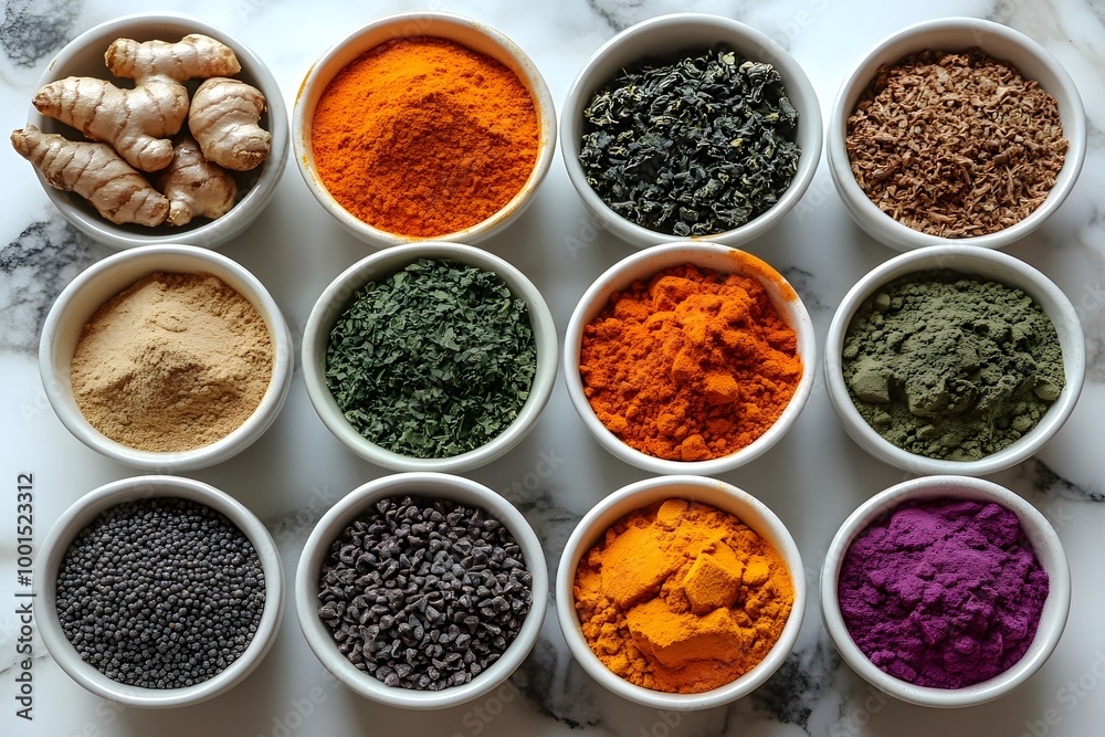 Flat Lay Of Superfoods Like Turmeric, Ginger, Matcha, And Raw Cacao Powder Flat Lay Of Superfoods Like Turmeric, Ginger, Matcha, And Raw Cacao Powder