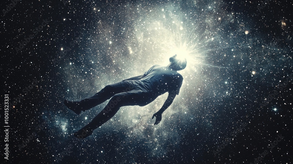 man floating, in space, with white eyes, and light over his head, he is evolving into a magical form