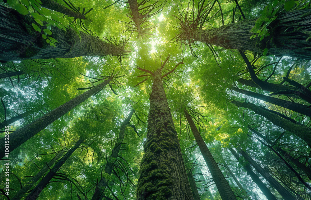 Fototapeta premium A stunning upward view of tall trees with vibrant green leaves, highlighting the beauty of nature
