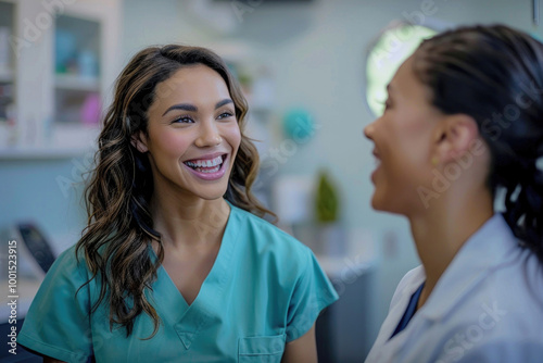 A happy woman receiving healthcare services from a confident nurse in a modern clinic