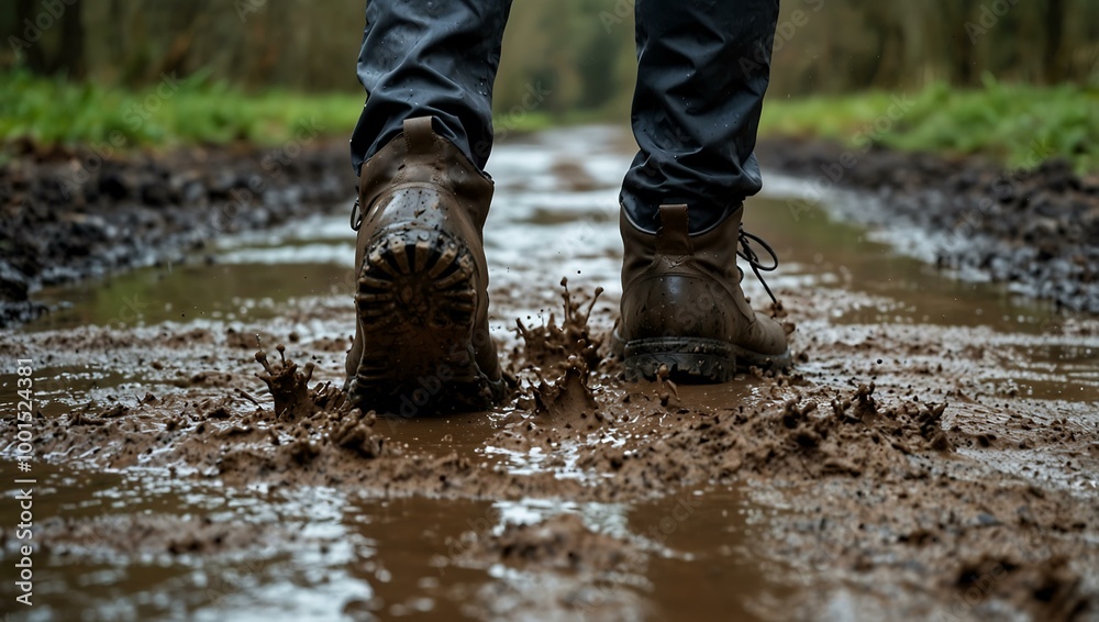 Boot splashing through muddy terrain. Boot splashing through muddy terrain.