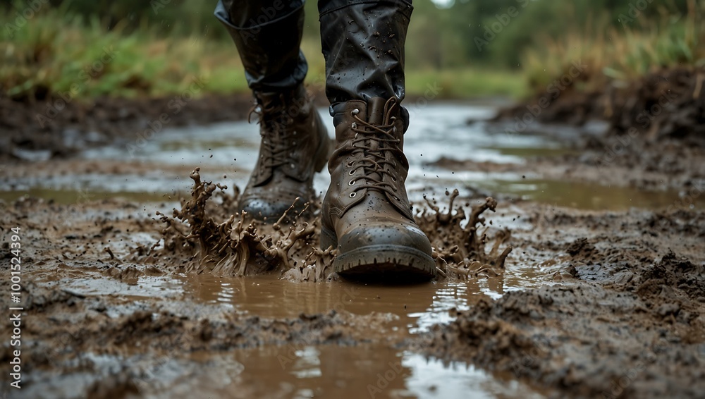 Boot splashing through muddy terrain. Boot splashing through muddy terrain.