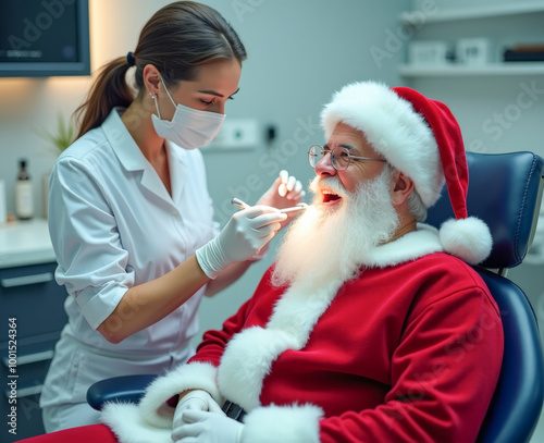 Santa Claus treats teeth at the dentist's clinic