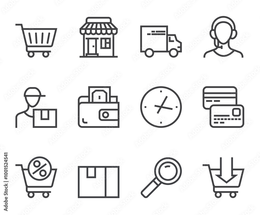 Shopping commerce delivery line icon isolated set. Vector flat graphic design Shopping commerce delivery line icon isolated set. Vector flat graphic design