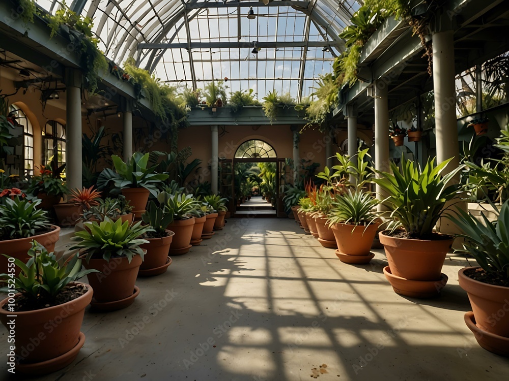 Botanical sanctuary filled with potted plants. Botanical sanctuary filled with potted plants.