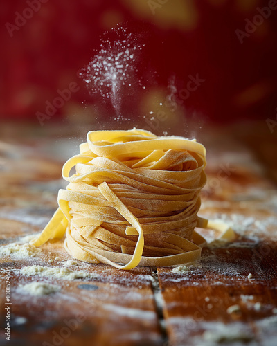 Fresh fettuccine pasta noodles raw on a wooden table in the kitchen with flour and dough for Italian cooking