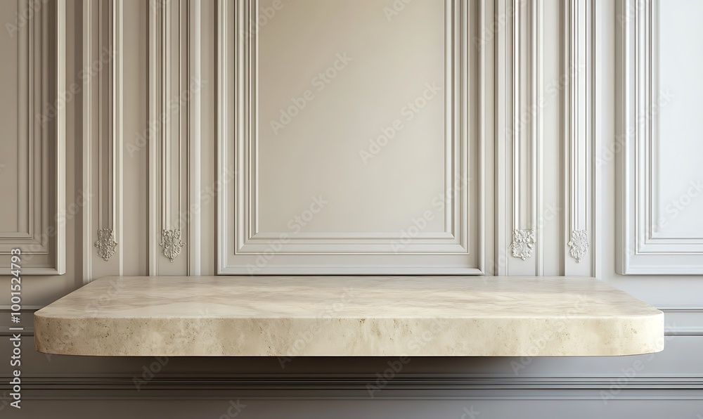 Beige tabletop on classic wall panels background. Empty concrete countertop for cosmetics, drinks and food presentation. Clean marble desk for advertising design, Beige tabletop on classic wall panels background. Empty concrete countertop for cosmetics, drinks and food presentation. Clean marble desk for advertising design,