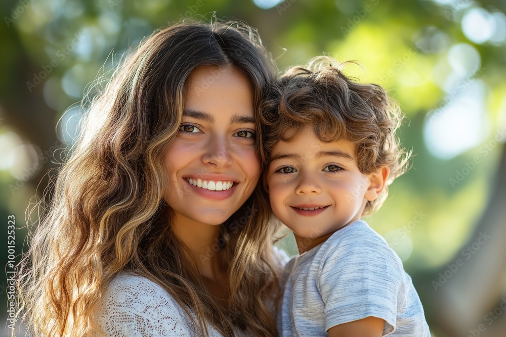 Mother and child smiling in a sunny outdoor setting, showcasing love and bond, ideal for family, parenting, and lifestyle themes. Mother and child smiling in a sunny outdoor setting, showcasing love and bond, ideal for family, parenting, and lifestyle themes.