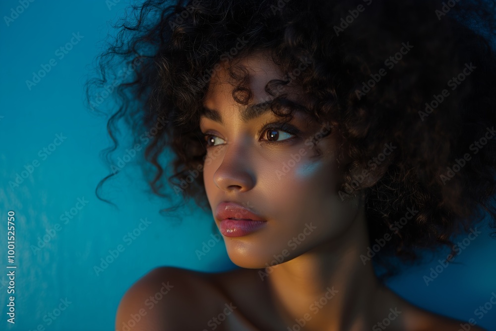 Portrait of a woman with curly hair, ambient lighting highlighting features, ideal for beauty, fashion, and editorial use Portrait of a woman with curly hair, ambient lighting highlighting features, ideal for beauty, fashion, and editorial use