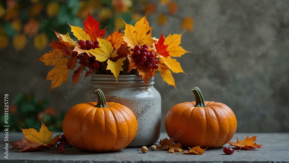 Bright autumn leaves and a pumpkin on a concrete table with a jar of berries for Thanksgiving. Bright autumn leaves and a pumpkin on a concrete table with a jar of berries for Thanksgiving.