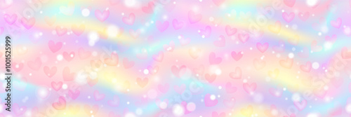 Fantastic sweet pink seamless pattern with hearts and bubbles. Candy unicorn bg with bokeh effect. Watercolor rainbow in pastel sky. Princess gradient background. Abstract vector wallpaper.