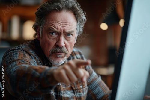 Senior man in plaid shirt pointing on screen in rustic office setting, emphasizing focus and determination, ideal for editorial, business, motivational, or educational purposes