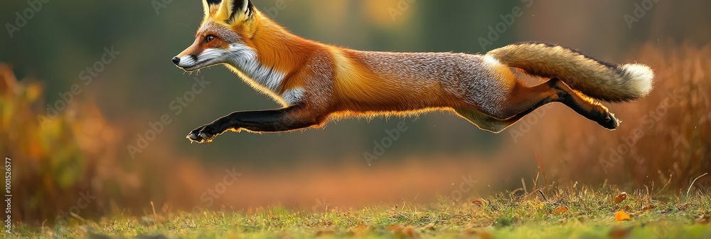 Fototapeta premium Wildlife Action Shot of Red Fox Leaping in Autumn Woods