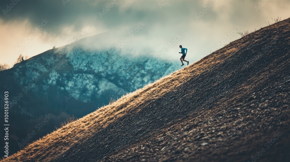 Obraz premium High-detailed photograph of a runner climbing a steep hill, showcasing effort and detailed terrain