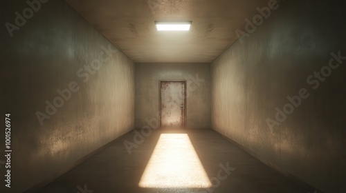 A dark, empty hallway with a door in the middle