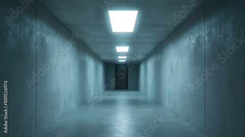 A long, empty hallway with a light shining down on it