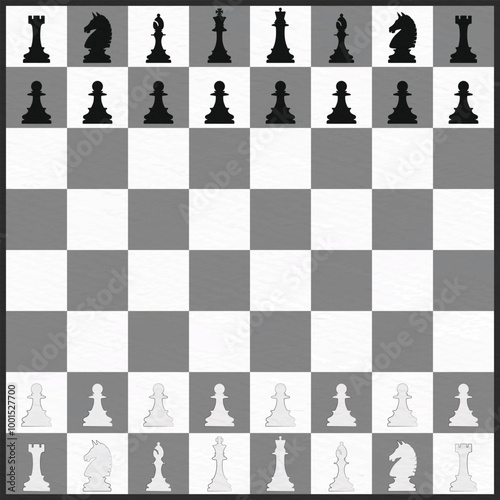 A black and white chessboard illustration featuring a standard setup with both black and white 
chess pieces in their starting positions