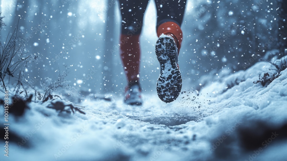 High-detailed image of a runner on a snowy trail, with emphasis on snow texture and athletic motion High-detailed image of a runner on a snowy trail, with emphasis on snow texture and athletic motion