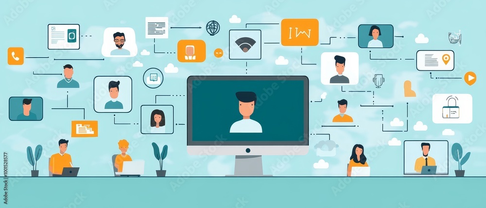 A digital workspace illustration showcasing remote collaboration, technology, and communication among users through various online tools.