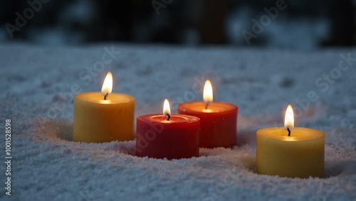 Candles resting in the snow.