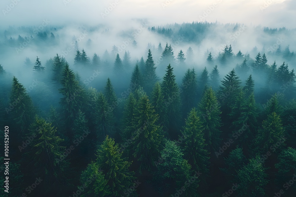 Drone Shot Showing The Tops Of Tall Trees As Morning Mist Rises Drone Shot Showing The Tops Of Tall Trees As Morning Mist Rises