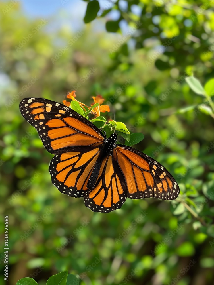 Obraz premium Orange monarch butterfly on a flower in the garden showcasing vibrant nature and wings