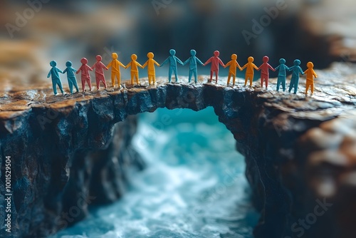 Row Of Paper People Holding Hands And Forming A Bridge Between Two Cliffs photo