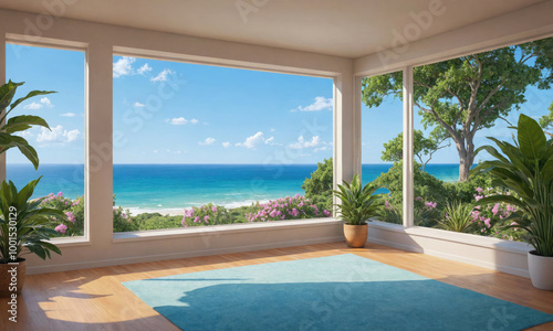 A spacious room with large windows overlooking the ocean on a sunny day