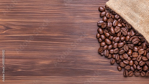Coffee beans spilled from burlap sack on rustic wooden table.