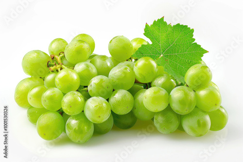 A full-size cluster of fresh green grapes, isolated on a clean white background