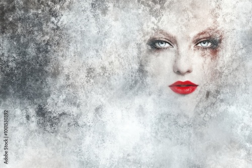 Mystical woman with intense gaze red lipstick in abstract setting photo