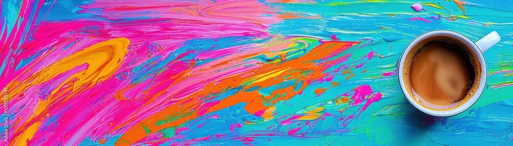 Colorful abstract background with a cup of coffee on a vibrant tabletop. Colorful abstract background with a cup of coffee on a vibrant tabletop.