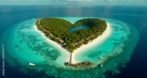 Une île paradisiaque bordée de sable fin, où l'eau turquoise rencontre des palmiers majestueux sous un soleil éclatant. photo