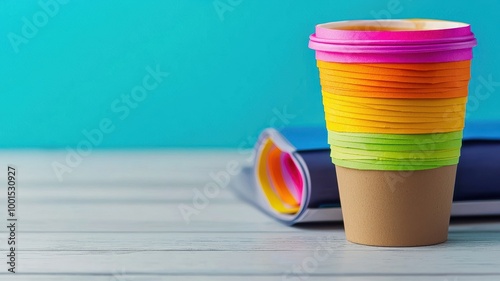 Colorful disposable coffee cup on a desk with vibrant background.